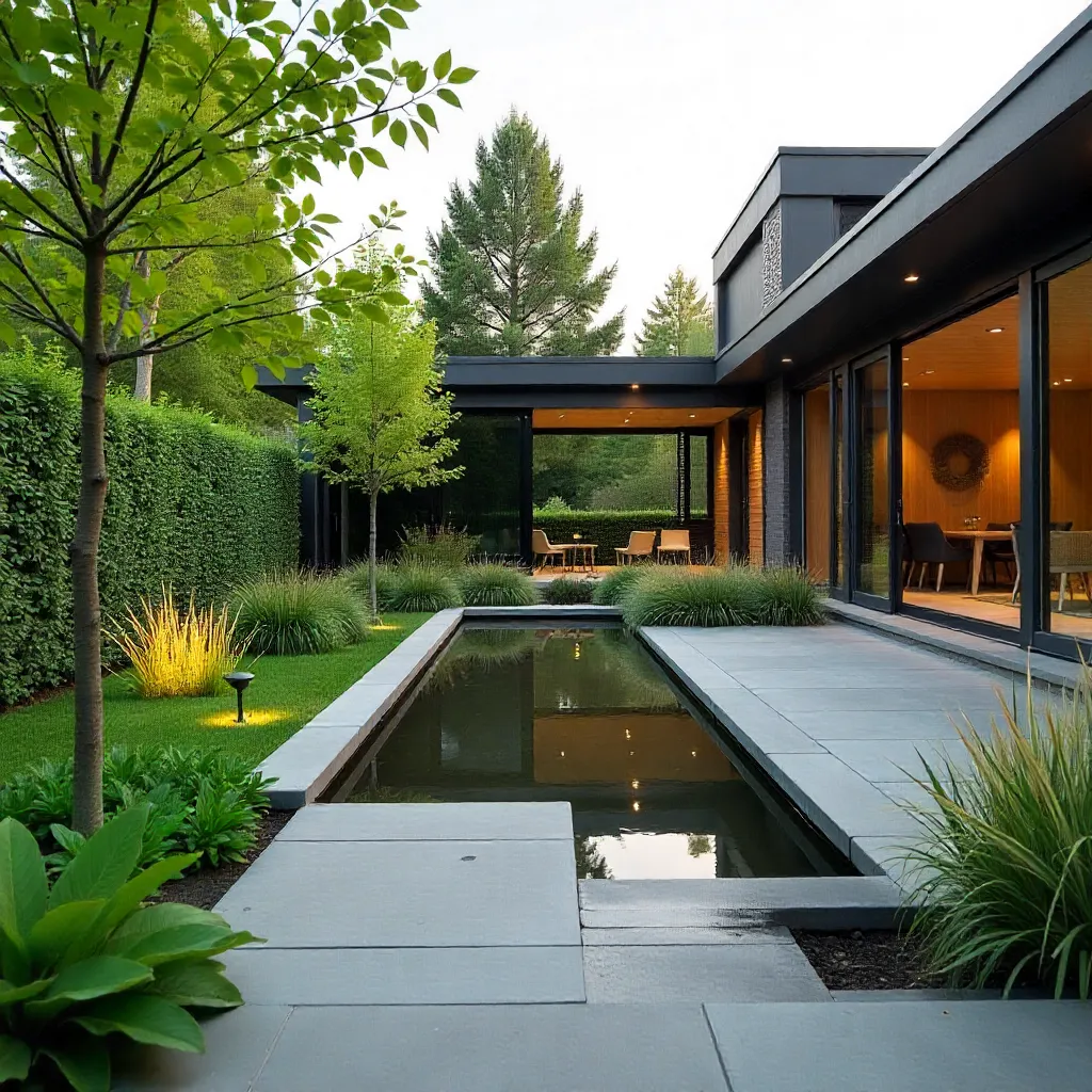 Moderne tuin met waterpartij en geometrische elementen